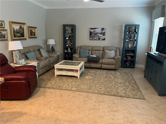11010 Longwing Dr, Fort Myers, FL 33912 - living room featuring crown molding, light tile patterned floors, and ceiling fan