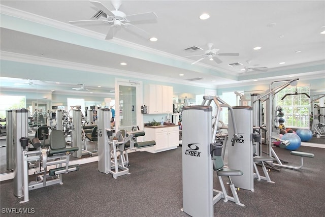 exercise room with a ceiling fan, crown molding, and recessed lighting