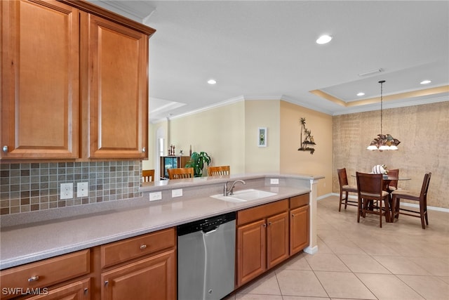 kitchen featuring stainless steel dishwasher, light tile patterned floors, recessed lighting, light countertops, and tasteful backsplash