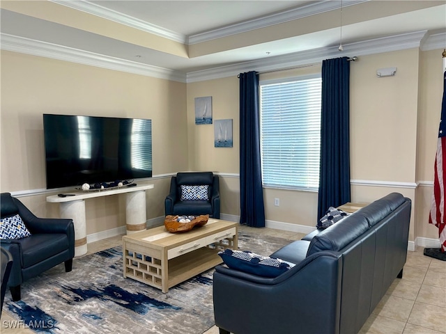 living room with crown molding, light tile patterned flooring, and a raised ceiling