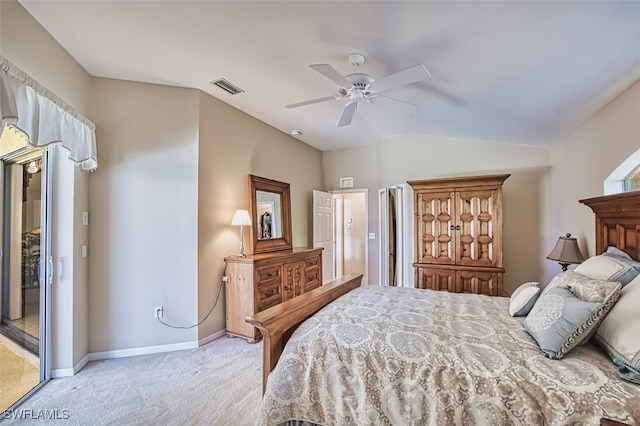 9211 Independence Way, Fort Myers, FL 33913 - bedroom with light carpet, vaulted ceiling, and a ceiling fan