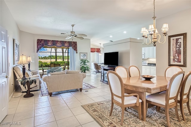 9211 Independence Way, Fort Myers, FL 33913 - dining room with a chandelier, light tile patterned floors, ceiling fan, recessed lighting, and vaulted ceiling