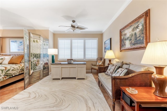 11600 Court Of Palms Unit 301, Fort Myers, FL 33908 - living area with ornamental molding, ceiling fan, plenty of natural light, light tile patterned floors, and an office area