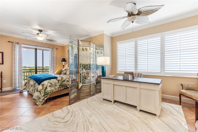 11600 Court Of Palms Unit 301, Fort Myers, FL 33908 - bedroom featuring access to outside, a desk, light tile patterned floors, crown molding, and ceiling fan