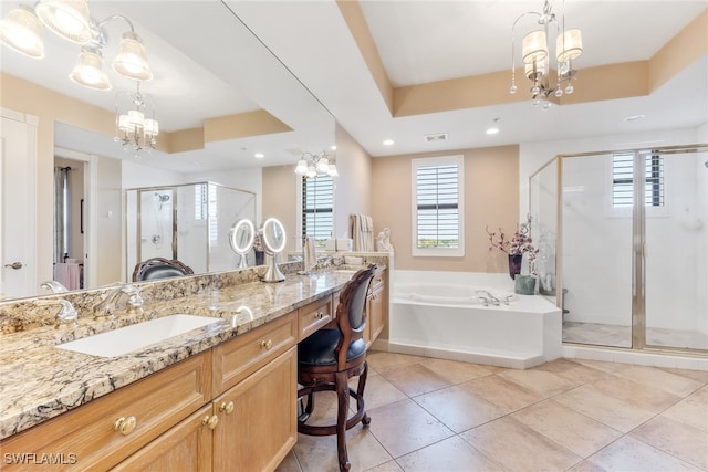 11600 Court Of Palms Unit 301, Fort Myers, FL 33908 - bathroom featuring a chandelier, a stall shower, a tray ceiling, double vanity, and recessed lighting