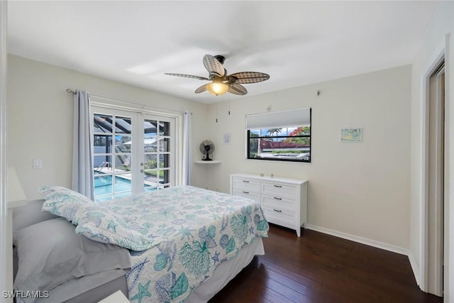 1528 SW 52nd Ln, Cape Coral, FL 33914 - bedroom featuring baseboards, dark wood finished floors, access to outside, and ceiling fan
