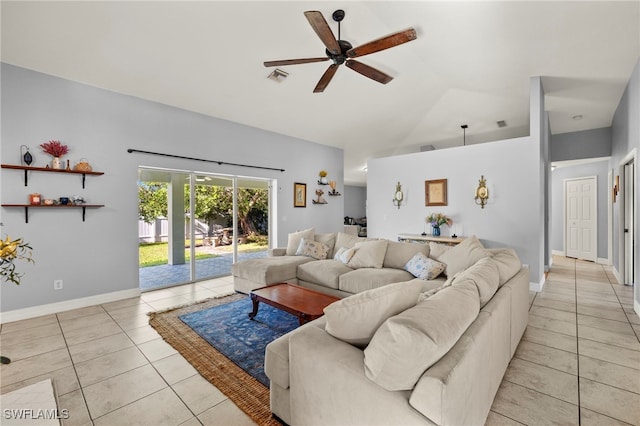 1226 SW 15th Ter, Cape Coral, FL 33991 - living room featuring light tile patterned floors, ceiling fan, and high vaulted ceiling