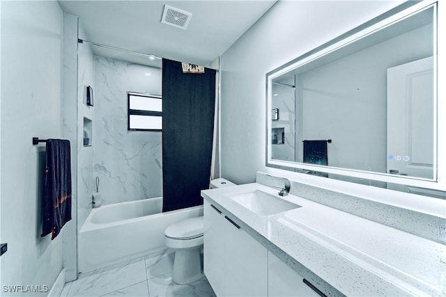 526 Wabasso Ave S, Lehigh Acres, FL 33974 - bathroom with vanity, toilet, marble look tiles, and washtub / shower combination