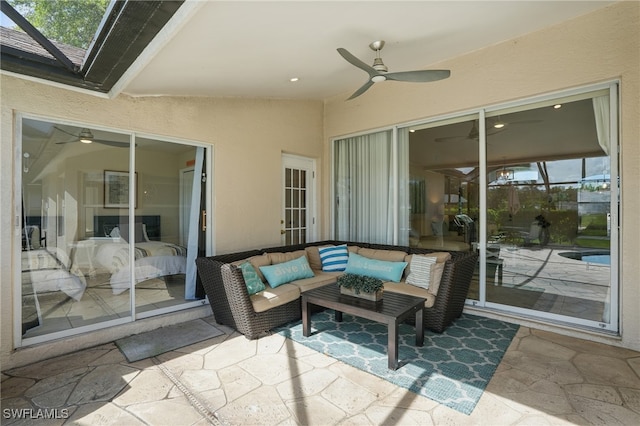 902 Marble Dr, Naples, FL 34104 - sunroom featuring ceiling fan, lofted ceiling, and an outdoor hangout area