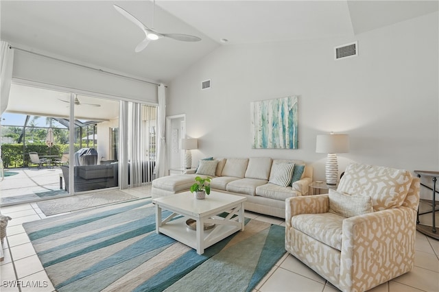 902 Marble Dr, Naples, FL 34104 - living area featuring ceiling fan, tile patterned flooring, and high vaulted ceiling