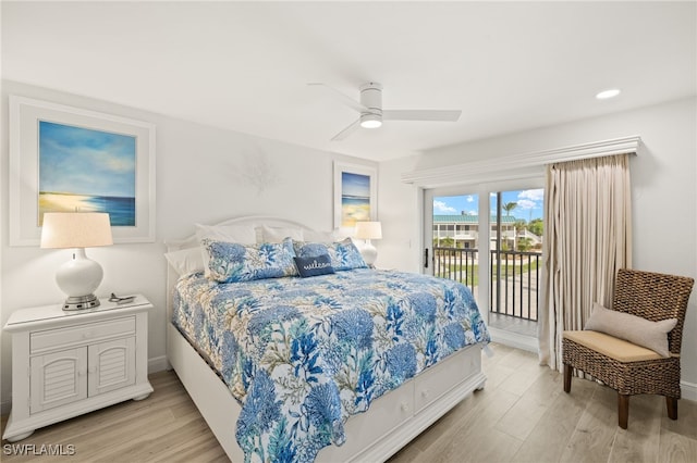 827 E Gulf Dr Unit C6, Sanibel, FL 33957 - bedroom with access to exterior, light wood-style flooring, a ceiling fan, and recessed lighting