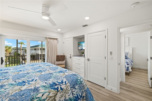 827 E Gulf Dr Unit C6, Sanibel, FL 33957 - bedroom featuring access to exterior, light wood-style floors, a ceiling fan, and recessed lighting