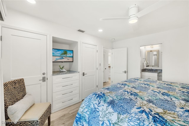 827 E Gulf Dr Unit C6, Sanibel, FL 33957 - bedroom featuring light wood-style floors, recessed lighting, a ceiling fan, and ensuite bathroom