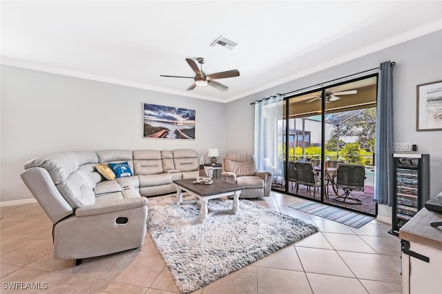 3742 Treasure Cove Cir, Naples, FL 34114 - living area featuring a ceiling fan, light tile patterned floors, ornamental molding, and baseboards