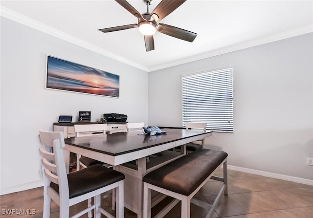 3742 Treasure Cove Cir, Naples, FL 34114 - dining space featuring crown molding, baseboards, a ceiling fan, and light tile patterned floors