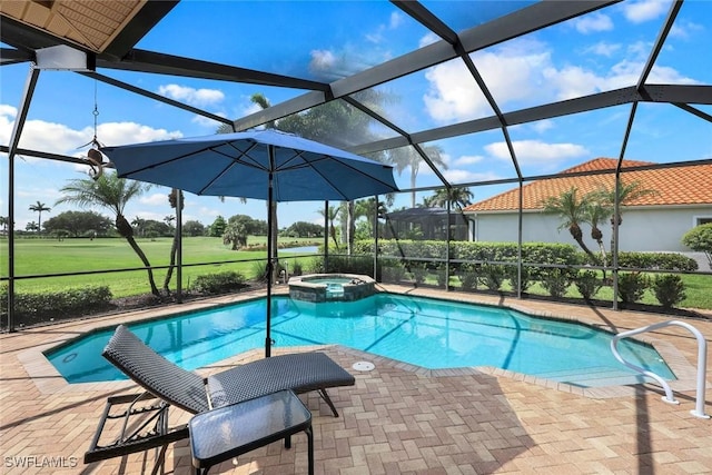 10026 Lions Bay Ct, Naples, FL 34120 - view of pool featuring a patio area, a pool with connected hot tub, a lanai, and view of golf course
