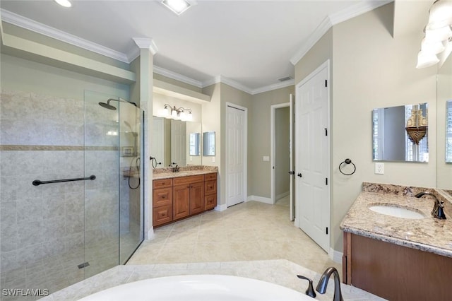 10026 Lions Bay Ct, Naples, FL 34120 - full bath with a shower stall, two vanities, ornamental molding, a bath, and tile patterned floors