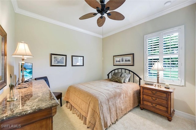 10026 Lions Bay Ct, Naples, FL 34120 - bedroom with light carpet, crown molding, and ceiling fan