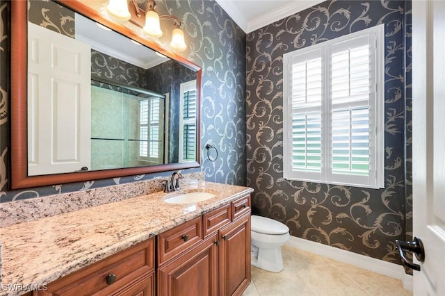10026 Lions Bay Ct, Naples, FL 34120 - full bathroom featuring crown molding, vanity, a shower with door, tile patterned flooring, and wallpapered walls