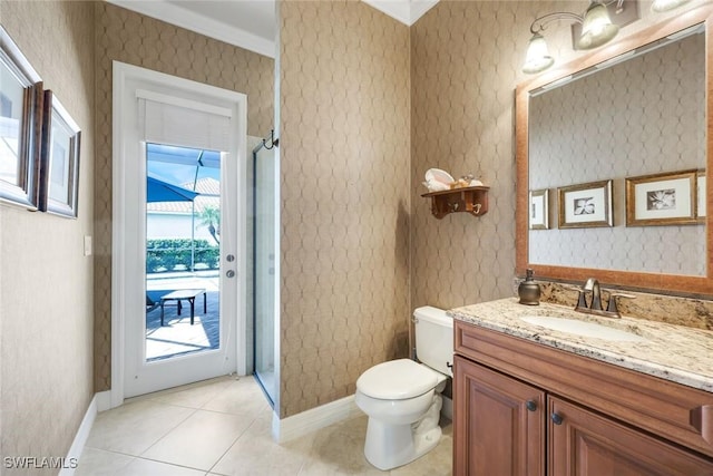 10026 Lions Bay Ct, Naples, FL 34120 - bathroom with vanity, crown molding, and tile patterned floors