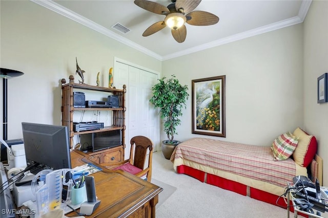 10026 Lions Bay Ct, Naples, FL 34120 - carpeted bedroom featuring ornamental molding, a closet, a desk, and ceiling fan