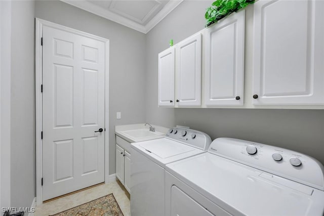 10026 Lions Bay Ct, Naples, FL 34120 - laundry room with independent washer and dryer, cabinet space, and ornamental molding
