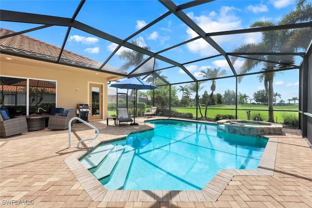 10026 Lions Bay Ct, Naples, FL 34120 - view of swimming pool with a patio area, grilling area, a pool with connected hot tub, glass enclosure, and an outdoor hangout area