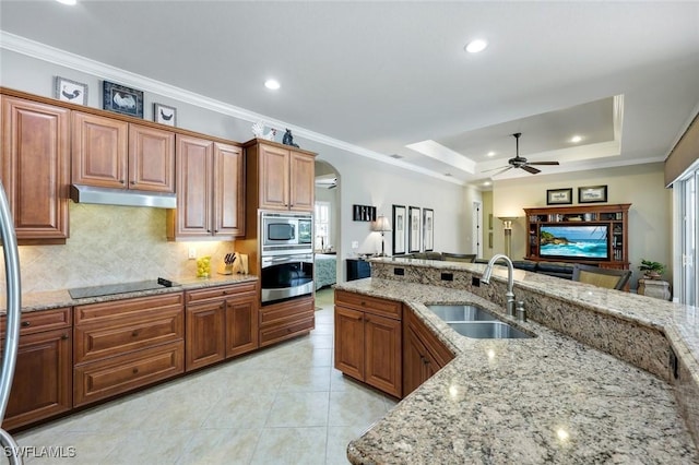 10026 Lions Bay Ct, Naples, FL 34120 - kitchen with appliances with stainless steel finishes, a ceiling fan, tasteful backsplash, light stone counters, and recessed lighting