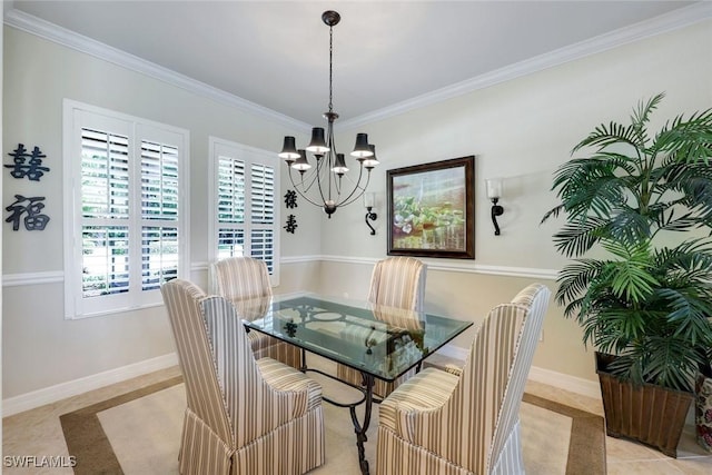 10026 Lions Bay Ct, Naples, FL 34120 - dining space with a chandelier, crown molding, and light tile patterned flooring