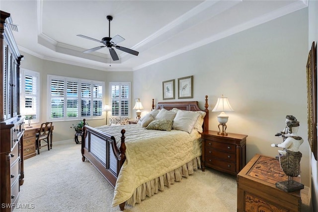 10026 Lions Bay Ct, Naples, FL 34120 - bedroom with light colored carpet, crown molding, a raised ceiling, and a ceiling fan