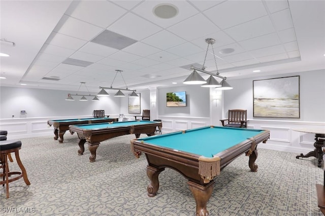 10026 Lions Bay Ct, Naples, FL 34120 - recreation room featuring a decorative wall, billiards, carpet flooring, and a wainscoted wall