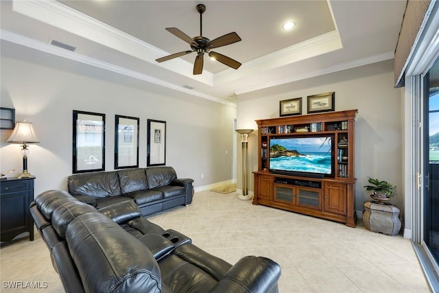 10026 Lions Bay Ct, Naples, FL 34120 - living area with a tray ceiling, ceiling fan, light tile patterned floors, crown molding, and recessed lighting