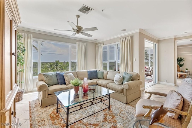 9121 Southmont Cv Unit 204, Fort Myers, FL 33908 - living area with light tile patterned flooring, a ceiling fan, and ornamental molding