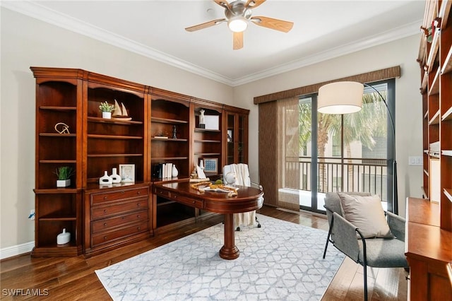 2768 Tiburon Blvd E Unit 202, Naples, FL 34109 - home office featuring a ceiling fan, wood finished floors, crown molding, and baseboards