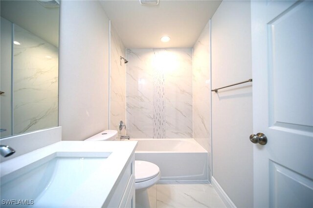 128 Sanborn Dr, Lehigh Acres, FL 33972 - full bathroom featuring marble finish flooring, toilet, vanity, shower / bathtub combination, and recessed lighting