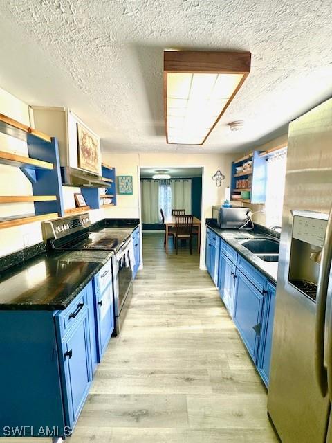 261 Redlin St, North Fort Myers, FL 33903 - kitchen featuring blue cabinets, appliances with stainless steel finishes, a sink, light wood-type flooring, and a textured ceiling