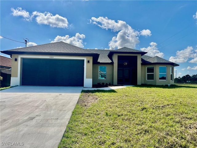 3319 17th St W, Lehigh Acres, FL 33971 - view of front of house with stucco siding, driveway, an attached garage, and a front yard