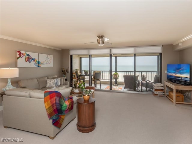 100 N Collier Blvd Unit 803, Marco Island, FL 34145 - carpeted living area with crown molding and a ceiling fan