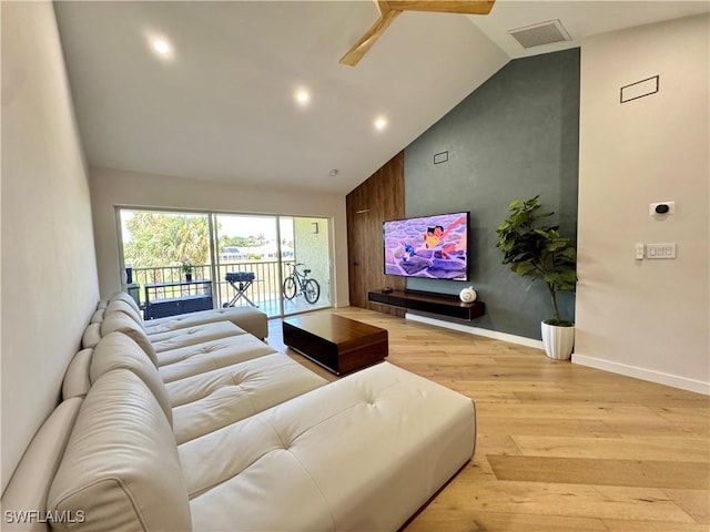 780 Augusta Blvd Unit C204, Naples, FL 34113 - living area featuring light wood finished floors, high vaulted ceiling, baseboards, recessed lighting, and ceiling fan