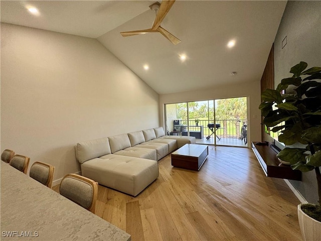 780 Augusta Blvd Unit C204, Naples, FL 34113 - living room with wood finished floors, recessed lighting, high vaulted ceiling, and a ceiling fan