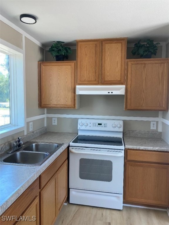 8018 Grady Dr, North Fort Myers, FL 33917 - kitchen featuring white electric stove, under cabinet range hood, a sink, and light countertops