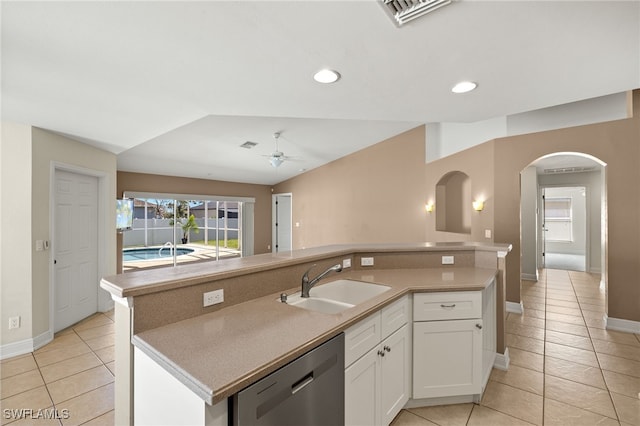 2933 NW 25th Ter, Cape Coral, FL 33993 - kitchen featuring dishwasher, light tile patterned floors, open floor plan, an island with sink, and a ceiling fan