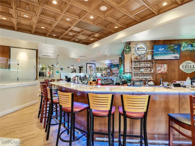 28979 Vermillion Ln, Bonita Springs, FL 34135 - indoor wet bar featuring light wood finished floors, an ornate ceiling, and recessed lighting