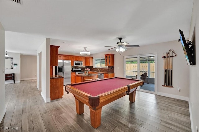 5530 SW 113th Ave, Cooper City, FL 33330 - game room featuring baseboards, a ceiling fan, light wood finished floors, and billiards table