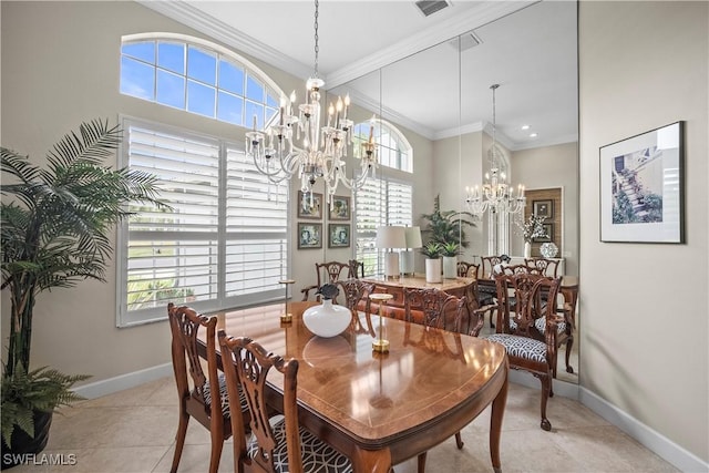 8423 Gleneagle Way, Naples, FL 34120 - dining space with a chandelier, crown molding, and light tile patterned floors