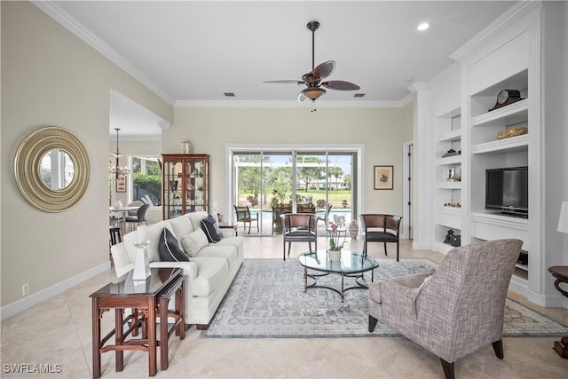 8423 Gleneagle Way, Naples, FL 34120 - living room featuring built in shelves, ceiling fan, crown molding, light tile patterned floors, and a chandelier