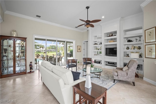 8423 Gleneagle Way, Naples, FL 34120 - living area featuring ceiling fan, crown molding, light tile patterned flooring, built in shelves, and recessed lighting
