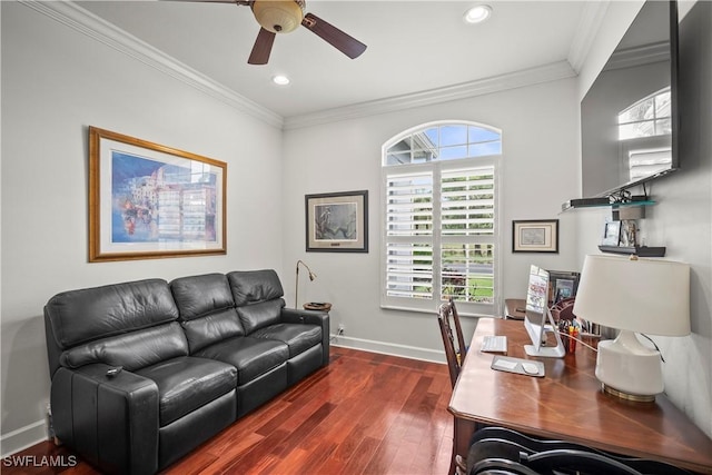 8423 Gleneagle Way, Naples, FL 34120 - office space featuring dark wood-type flooring, ceiling fan, ornamental molding, and recessed lighting