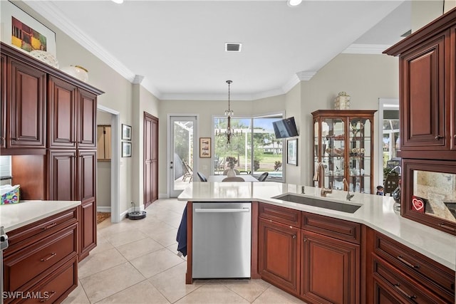 8423 Gleneagle Way, Naples, FL 34120 - kitchen with dishwasher, light countertops, a chandelier, a peninsula, and ornamental molding