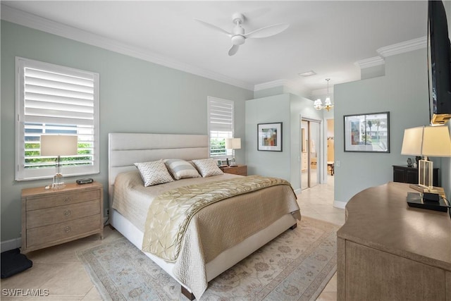 8423 Gleneagle Way, Naples, FL 34120 - bedroom with a chandelier, ornamental molding, light tile patterned floors, ensuite bath, and a ceiling fan